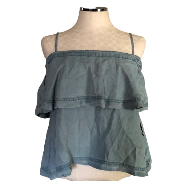 Free People | Chambray Off Shoulder Top Blue Layered Cropped Size M - Picture 4 of 7